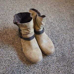 Women's Tan Suede Ankle Boots with Buckle Strap